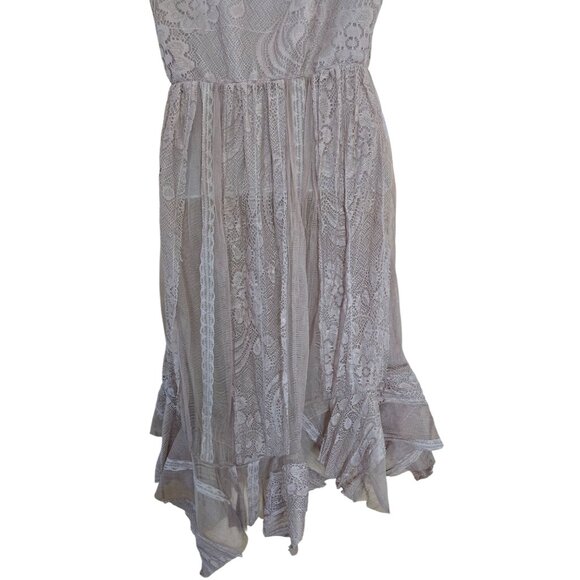 Boho Lace Ruffle Dress Beige Sheer V-Neck Sleeveless coquette elegant whimsical - Picture 5 of 7